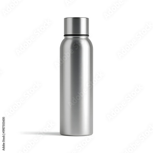 A sleek silver metal water bottle standing alone on a plain white background