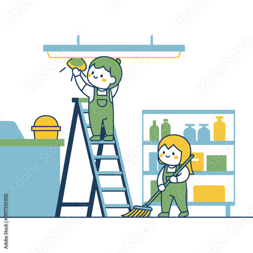 Cartoon cleaners in uniform with ladder and broom, cleaning room interior