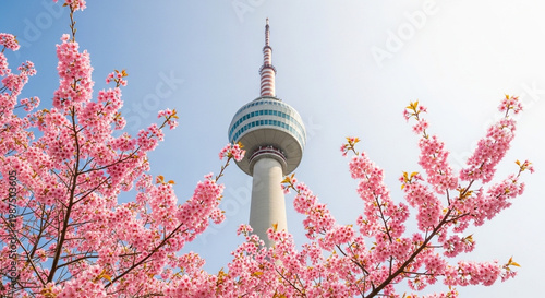 Seoul tower surrounded by beautiful pink cherry blossoms in springtime with clear blue sky