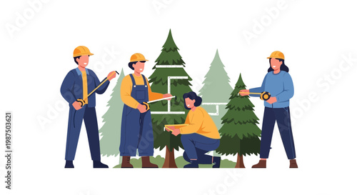 Workers Harvesting and Decorating Christmas Trees in Forest