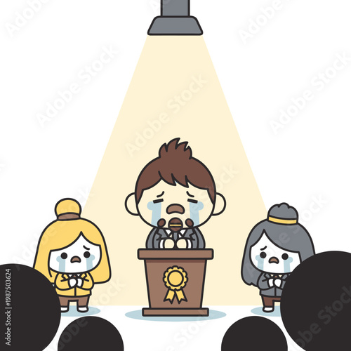 Sad speaker crying at podium with audience watching, cartoon style