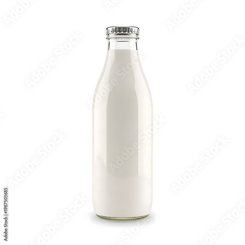A glass bottle of milk standing alone on a plain white background