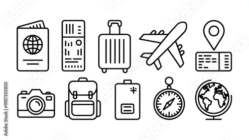 Minimal Travel Essentials Line Icon Set Passport, Ticket, Luggage and Journey Basics