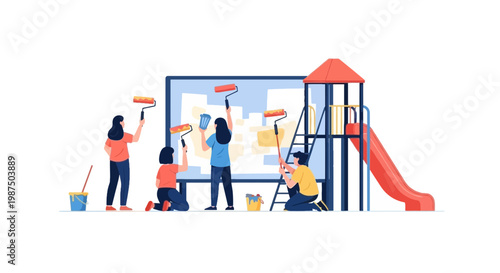 Children Playing and Painting on Playground Equipment