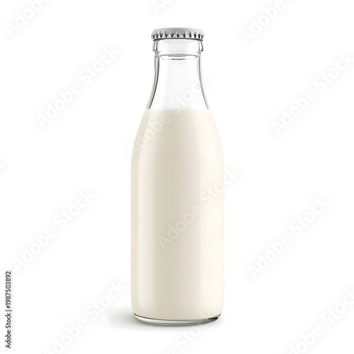 A glass bottle of milk on a plain white background