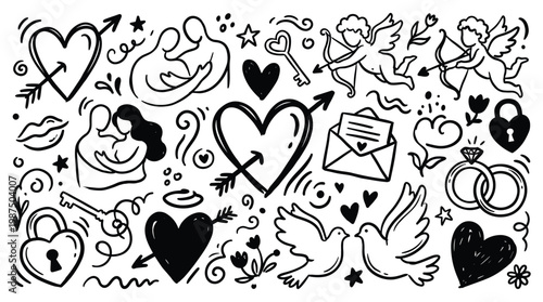 Lonely hearts and love symbols float in a whimsical doodle illustration with stars