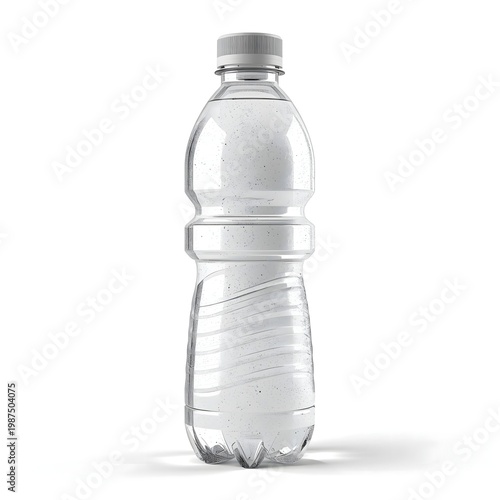 A clear plastic water bottle with a silver cap stands alone on a white background