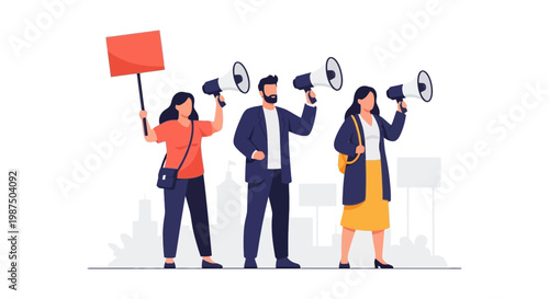 People Peacefully Protest with Megaphones and Signage in City Square