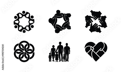 Teamwork and unity vector illustration set showing connected people and interwoven shapes.