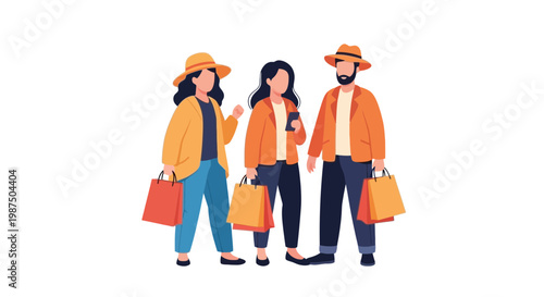 Group of Tourists Walking with Shopping Bags Outdoors