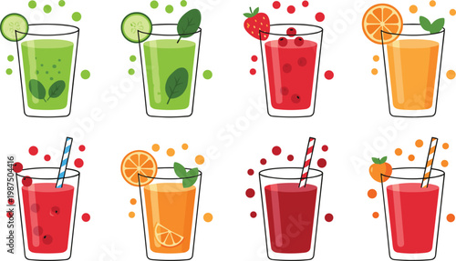 Cartoon fruit and vegetable juices in colorful glasses with garnishes representing healthy drinks in vector illustration