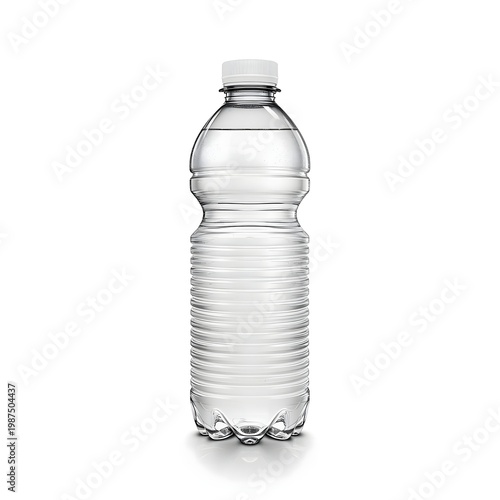 A clear plastic water bottle with a white cap stands alone on a plain white background