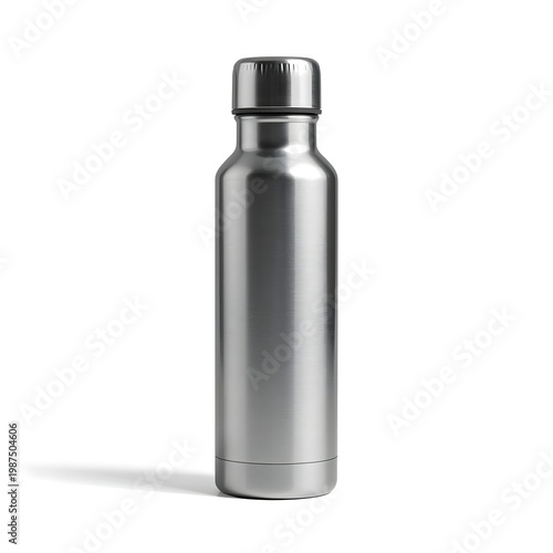 A sleek silver metal water bottle with a screw-on cap stands alone on a plain white background