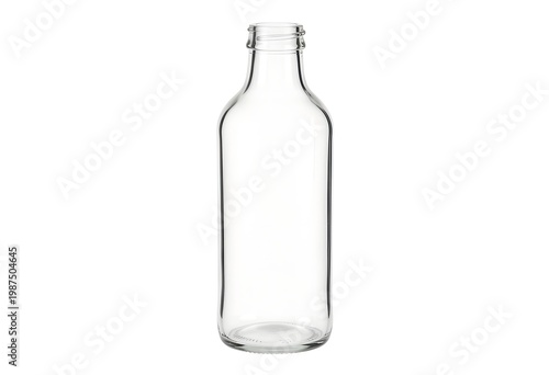 A clear glass bottle standing upright on a plain white background