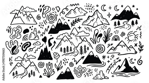 Motorcycles doodle elements decorate a mountain landscape with natural scenery
