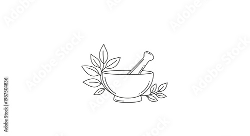 Minimalist mortar and pestle illustration with botanical elements on white background