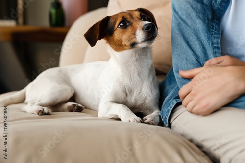 Dog Rests Peacefully on Couch Beside Person During Indoor Afternoon