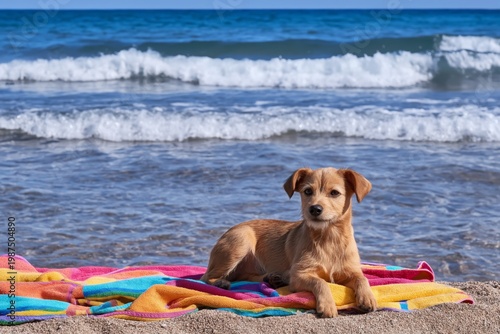 Dog Sits on Colorful Towel by the Sea During Daytime With Waves in the Background