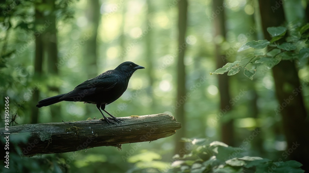 Fototapeta premium Black bird on log in sunlit forest (1)