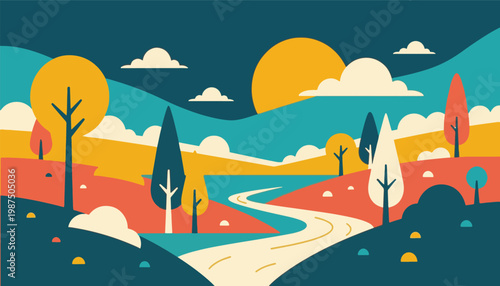 Abstract colorful landscape with winding road, hills, trees, and sunset, modern artistic scenery illustration in vibrant flat vector style design