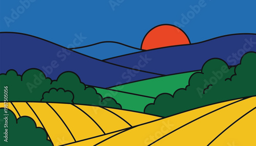 Colorful countryside landscape with hills, fields, and sunset, scenic nature illustration with farmland and rolling mountains in modern flat vector style design