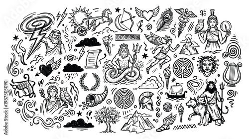 Mythical creatures doodle illustrations with fantasy elements and symbols