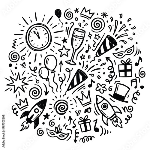 Celebration doodle elements explode around clock and champagne