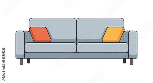 Modern two seater sofa with colorful cushions isolated on white background