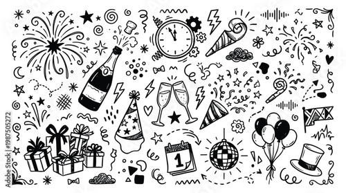 New Year celebration doodle with fireworks and party hats