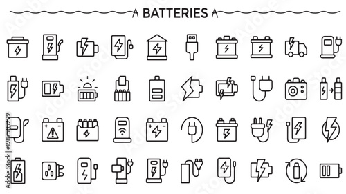 Battery Icons Set - Charging, Power, Energy and Electricity Line Vector Collection
