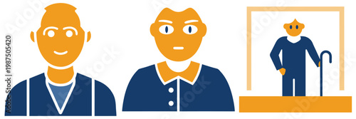 Man with happy expression man looking angry and old man with cane representing different personalities ages and feelings in simple stylized icons.