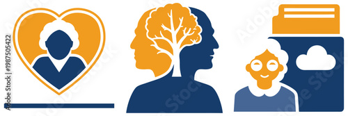 Elderly mental health vector icons set representing aging dementia memory loss psychology support brain function and senior wellbeing.