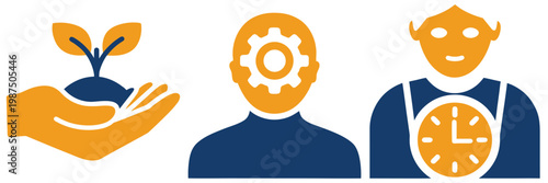 Elderly growth and cognitive development vector icons illustrating psychological health time management and learning for senior people.