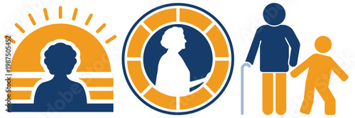 Senior life stages and assistance vector icons depicting sunset of life daily mobility support and intergenerational family connection.