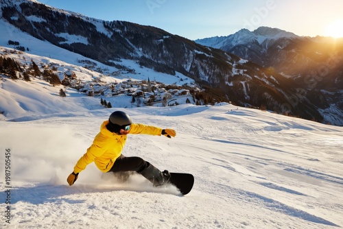 Snowboarder Rides Down a Slope During Sunset in the Mountains With Cliffs and Hills in the Background