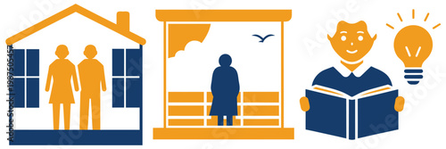 Fotografía Senior living and home care vector icons showing couples in residence solitary observation and lifelong learning through reading books