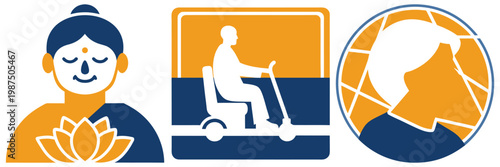 Elderly spiritual health and mobility vector icons featuring meditation yoga lotus flower motorized scooter and personal identity vision.
