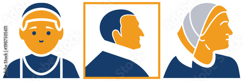 Set of vintage and modern portraits showing people of different ages and eras in stylized artistic illustrations.