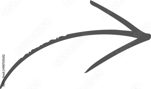 Hand drawn black curved arrow pointing to the right isolated on transparent background, Black curved arrow pointing right with slight upward arc on white background, isolated design element vector.