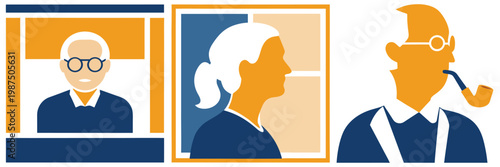 Artistic illustrations of various people portraits in profile and front view with distinctive features and attire.