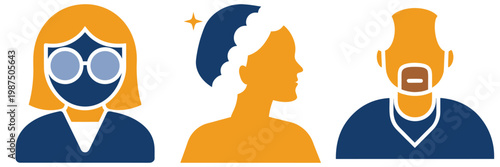 Diverse stylized portraits of people in blue and orange with unique accessories like glasses and hairstyles.