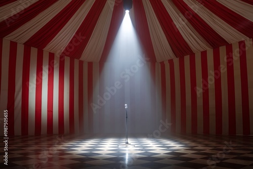 Empty Stage With Microphone and Spotlight in a Circus Tent