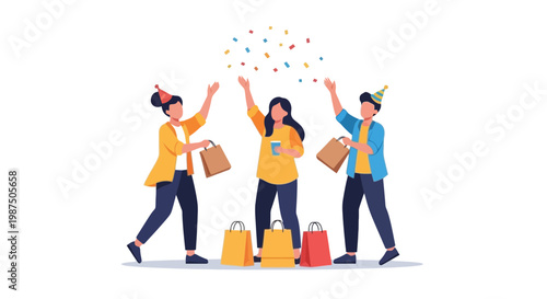 Happy Friends Celebrating with Party Hats and Confetti