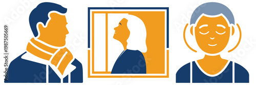 Three different illustrations showing diverse older people with unique styles and accessories like a scarf, window, and headphones.