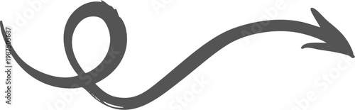 Hand drawn black curved arrow pointing to the right isolated on transparent background, Black curved arrow pointing right with slight upward arc on white background, isolated design element vector.