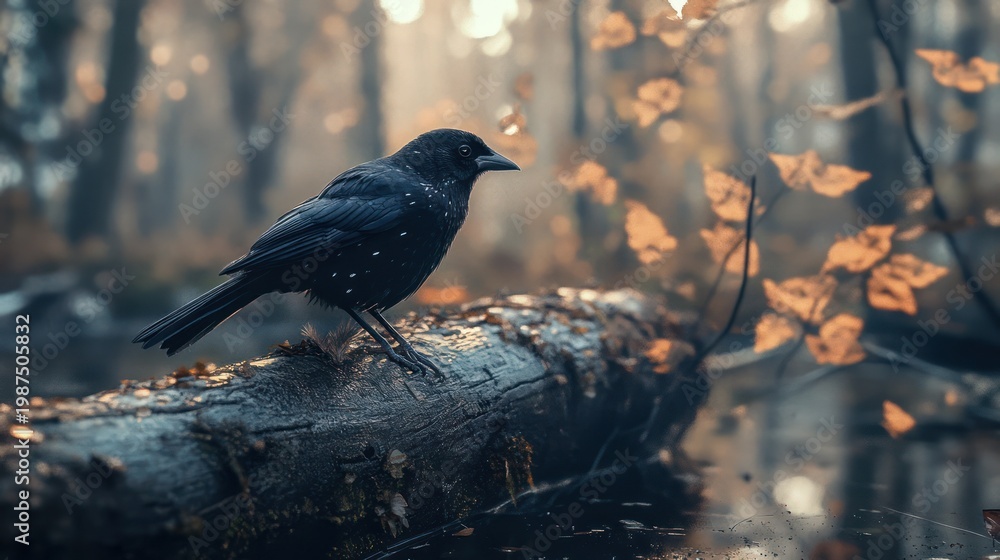 Fototapeta premium Raven perched on log in autumn forest