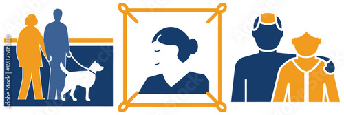 Assisted walking with guide dog framed portrait and supportive embrace highlighting elder care companionship and cherished memories.