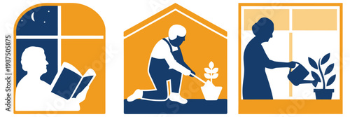 Senior woman reading book at night by window quiet evening at home calm hobby relaxation comfort indoor lifestyle gentle.