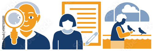 Elderly person holding magnifying glass looking close up research focus attention detail curiosity exploration discover study observation.