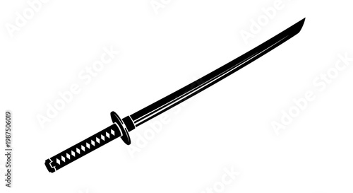 A striking katana sword displayed in a stark black silhouette